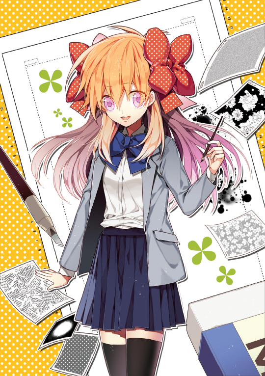 1girl, black_legwear, bow, eraser, gekkan_shoujo_nozaki-kun, long_hair, nine_(sapphire), open_mouth