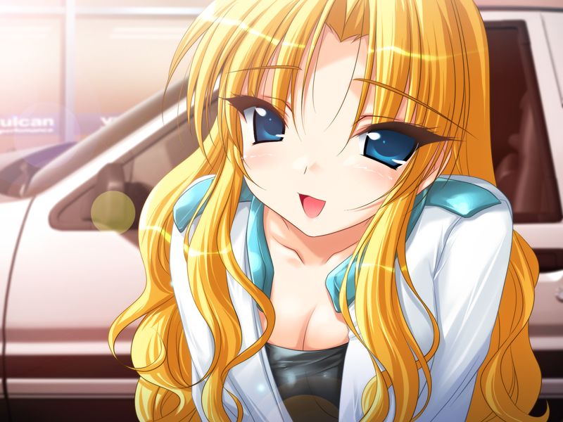 blue_eyes, breasts, car, cleavage, emily_(pure_dream), game_cg, leaning_forward, long_hair