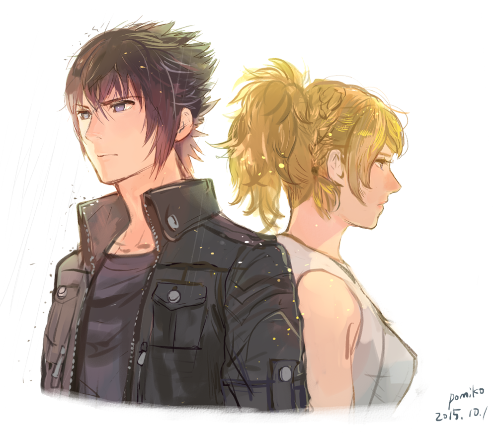 1boy, 1girl, black_hair, blonde_hair, braid, dress, final_fantasy, final_fantasy_xv, hair_up, jacket, lunafreya_nox_fleuret, noctis_lucis_caelum, open_clothes, open_jacket, pomiko_(mokokkokon), spiky_hair