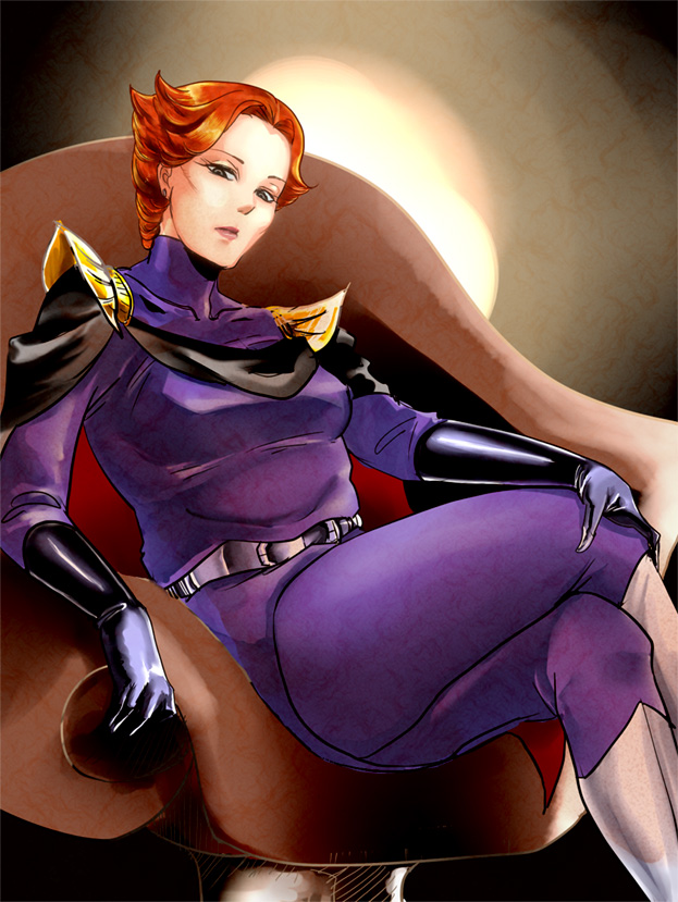 1girl, chair, gloves, gundam, kycilia_zabi, legs_crossed, military, military_uniform