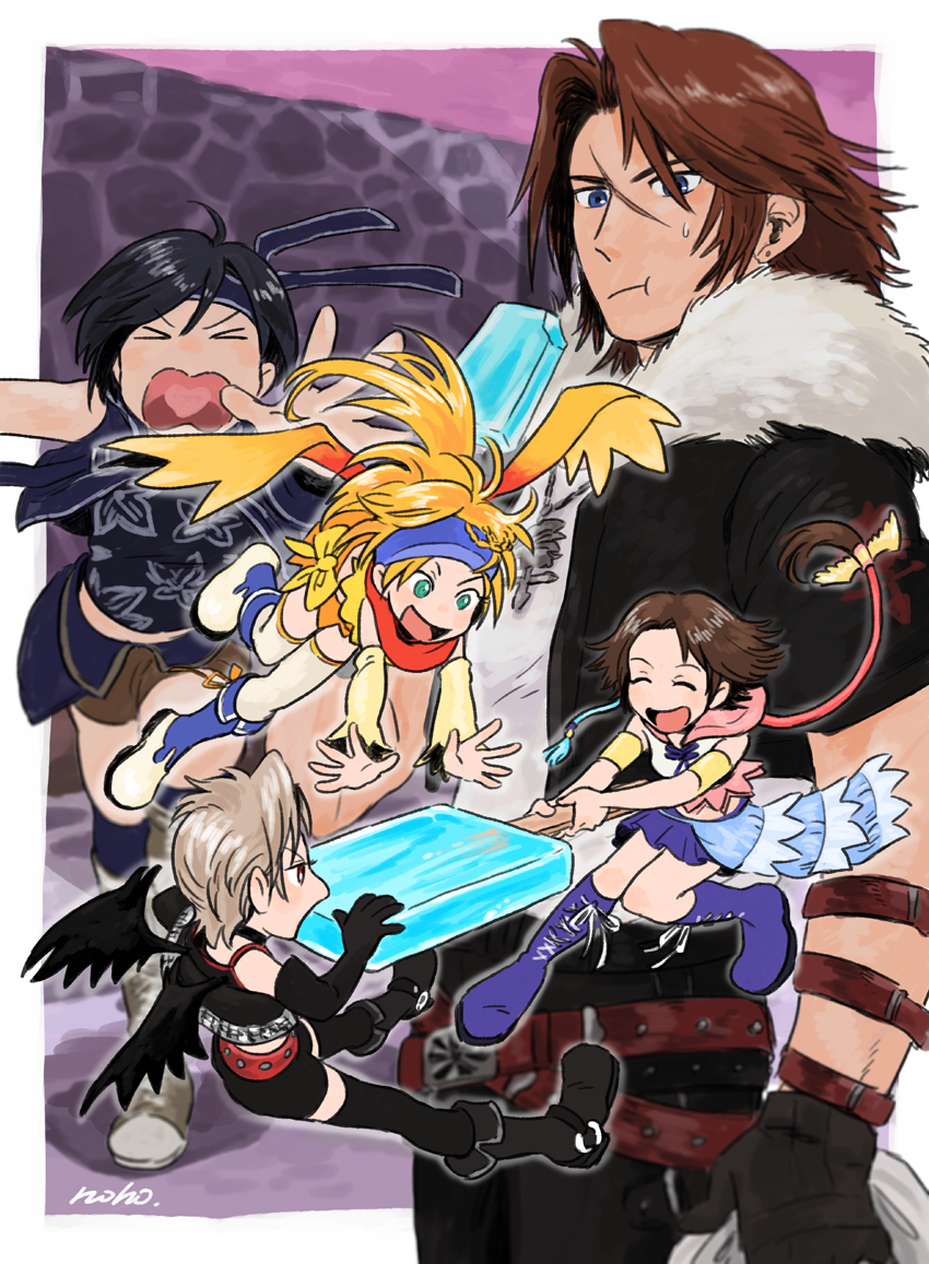 >_<, 00s, 1boy, 4girls, angry, belt, black_hair, blonde_hair