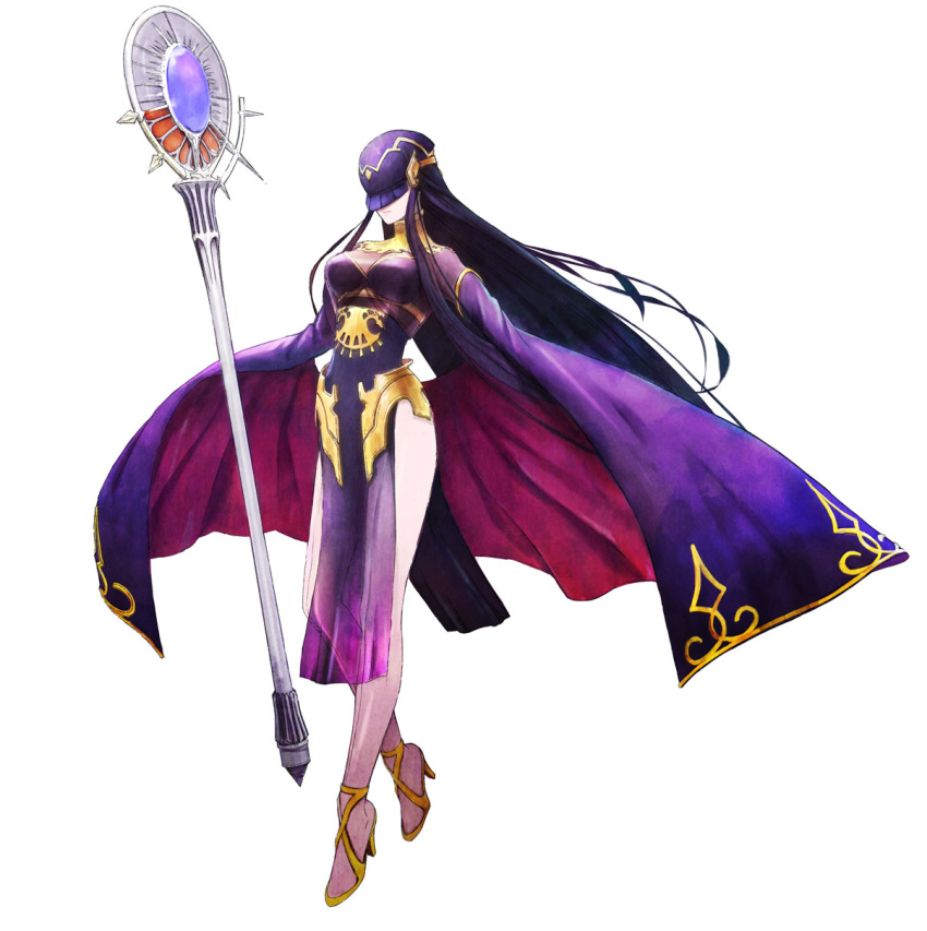 1girl, atlus, black_hair, cape, dress, full_body, genei_ibunroku_#fe, mask