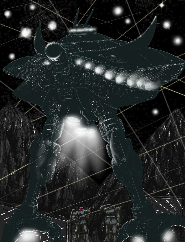 big_zam, gon435, gun, gundam, mecha, mobile_suit_gundam, monochrome, no_humans, salute, space, weapon, zaku, zaku_ii