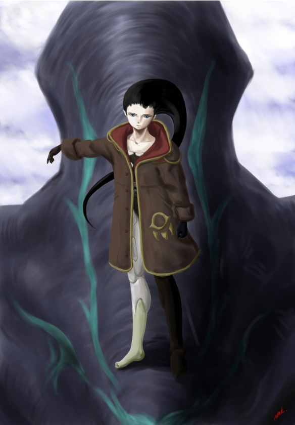 1girl, atolm, azel_(panzer_dragoon), clouds, coat, nakroom, panzer_dragoon, panzer_dragoon_saga