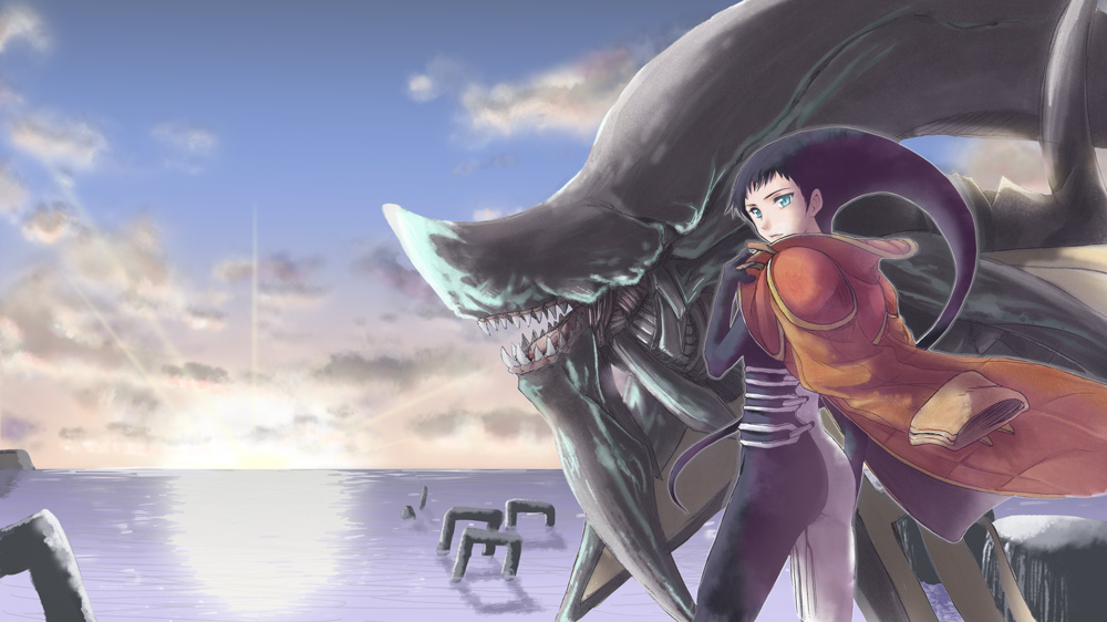 1girl, atolm, azel_(panzer_dragoon), clouds, coat, dragon, ocean, panzer_dragoon