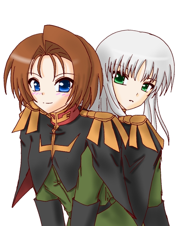 2girls, blue_eyes, brown_hair, charlotte_hepner, green_eyes, grey_hair, gundam, gundam_zeonic_front, military, military_uniform, multiple_girls, sophie_fran, suukikyou, uniform