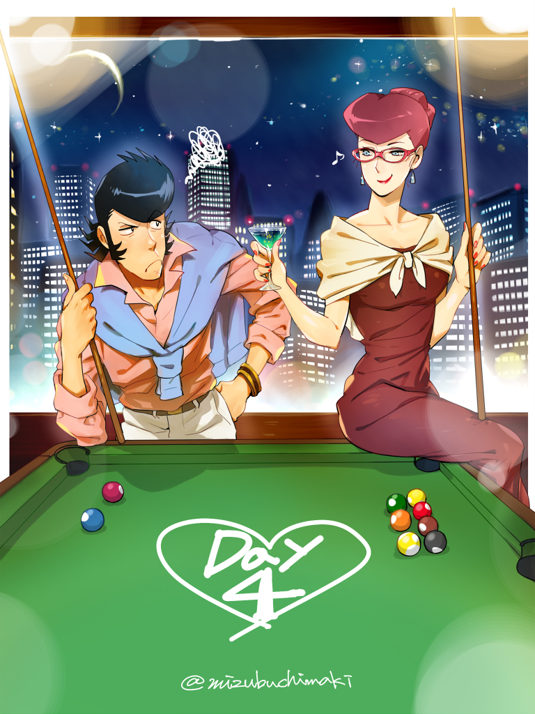 1boy, 1girl, ball, billiard_ball, billiards, dandy_(space_dandy), dress, earrings