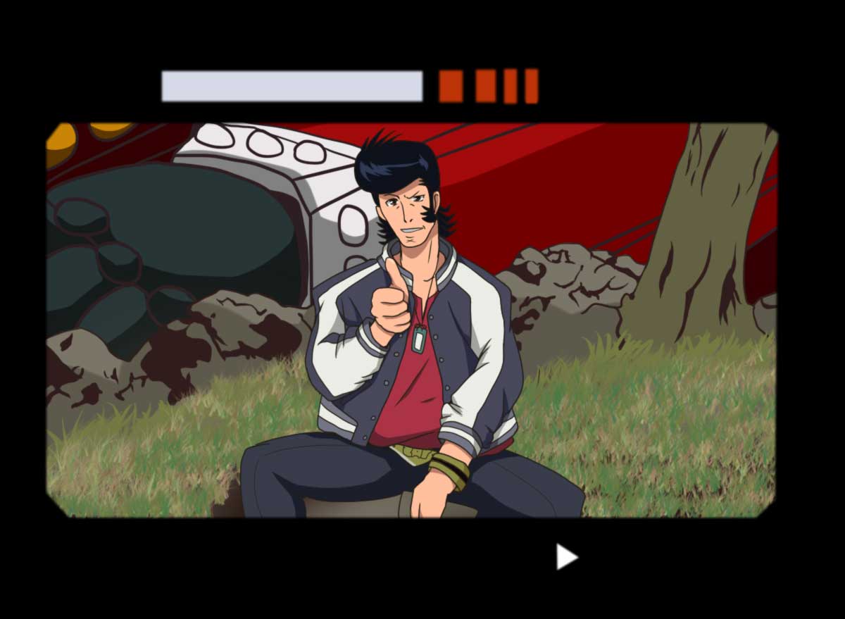 1boy, black_hair, dandy_(space_dandy), gundam, gundam_0080, mecha, parody, pompadour