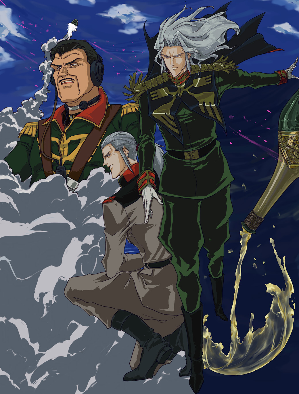 90s, anavel_gato, bottle, clouds, epaulettes, gundam, gundam_0083, headphones, military, military_uniform, mion, neuen_bitter, sky, smoke, uniform, white_hair, wine