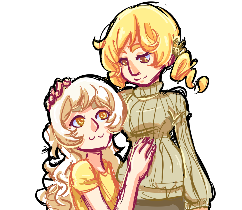 2girls, blonde_hair, drill_hair, hair_ornament, long_hair, mahou_shoujo_madoka_magica, momoe_nagisa, multiple_girls, sweater, tomoe_mami, vividgrim, white_hair