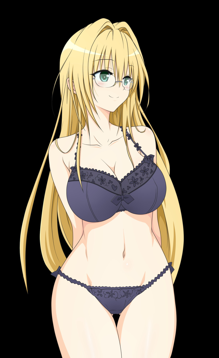 1girl, black_bra, black_panties, blonde_hair, blush, bra, breasts, cleavage
