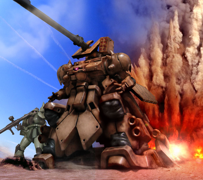 90s, bazooka, explosion, gundam, gundam_0083, hiropon_(tasogare_no_puu), mecha, sky