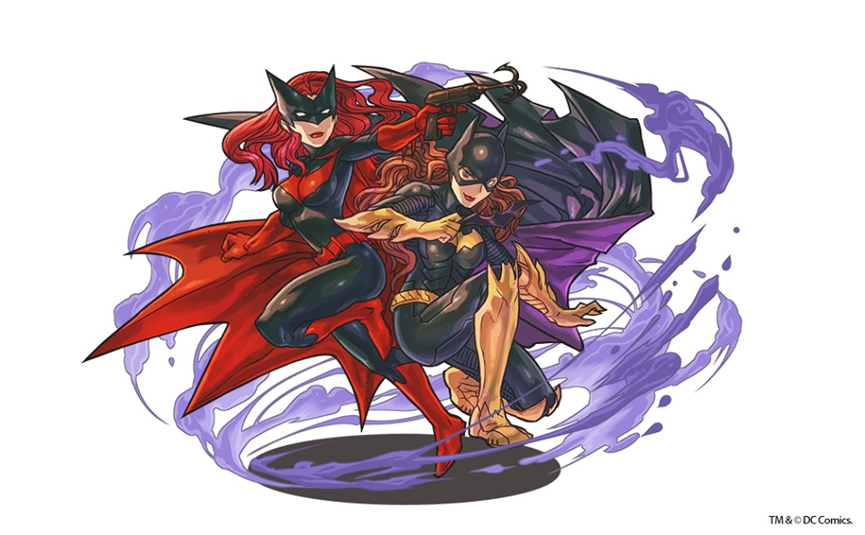 2girls, aura, barbara_gordon, batgirl, batman_(series), batwoman, brown_hair, cape