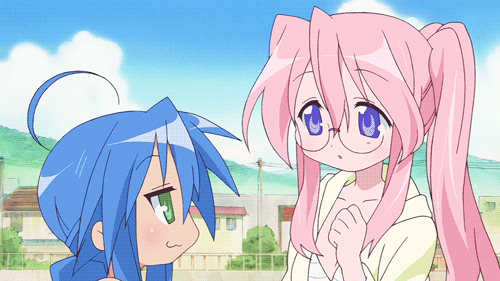 2girls, 3_3, ahoge, animated, animated_gif, blue_hair, braid, closed_eyes