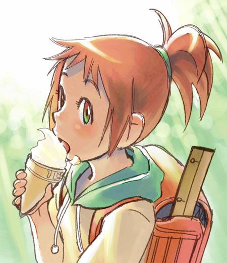 bag, brown_hair, eating, food, food_on_face, ghibli, ice_cream, neko_no_ongaeshi