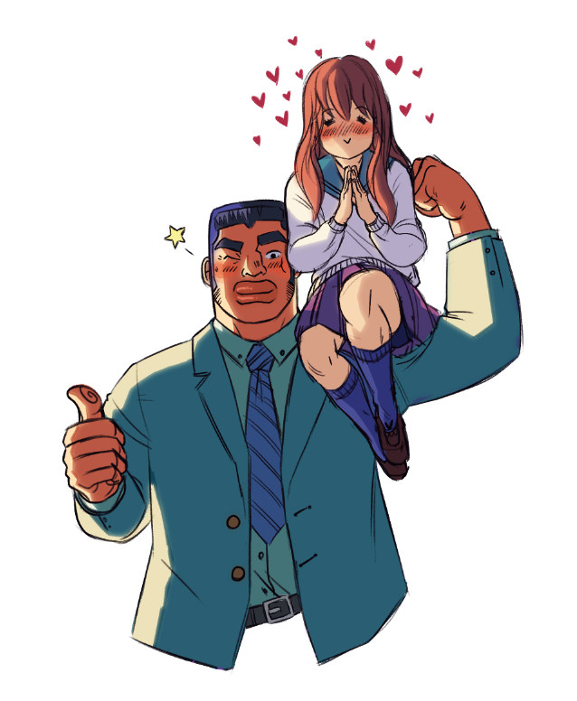 1boy, 1girl, :>, belt, blush, carrying, couple, emily_walus