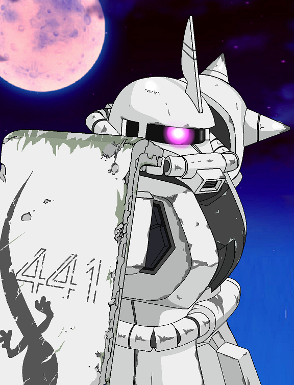 gundam, gundam_ms_igloo, joy_(artist), mecha, moon, zaku, zaku_ii
