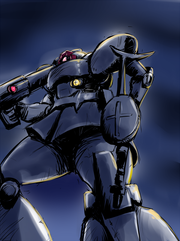 dom, dual_wielding, gun, gundam, mecha, mobile_suit_gundam, rickert_kai, rocket_launcher
