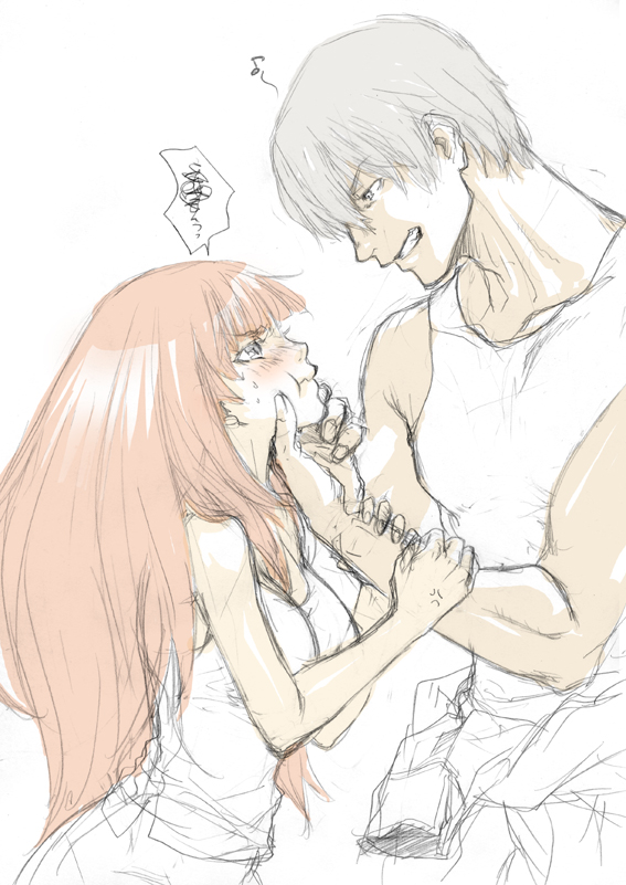 blush, chin_grab, dingo_egret, eye_contact, grin, ken_marinaris, long_hair, pink_hair