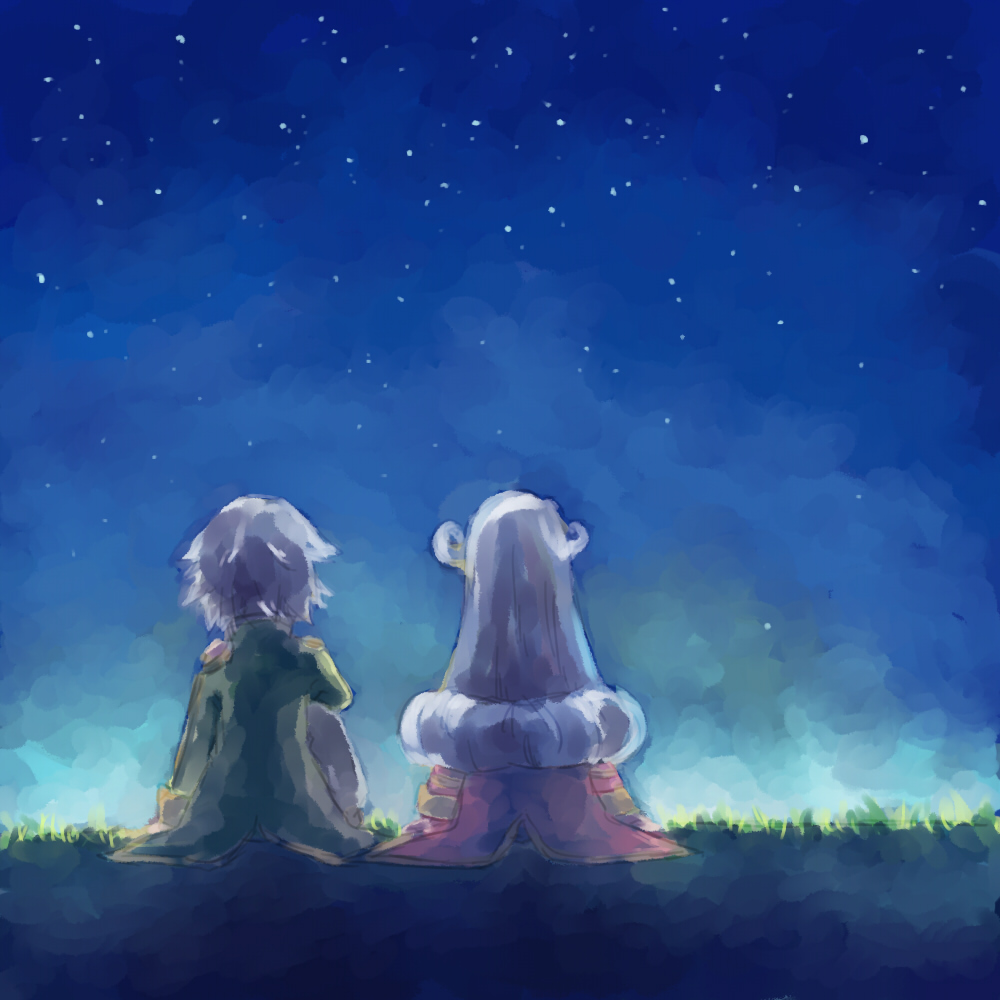 dio_(tales), grass, grey_hair, jacket, long_hair, mel_(tales), night, pants