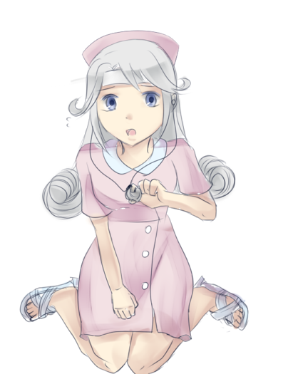 1girl, blue_eyes, breasts, dress, grey_hair, hat, headband, long_hair