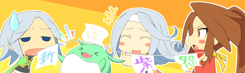 >_<, 1boy, 2girls, blue_eyes, blush, brown_eyes, brown_hair, closed_eyes