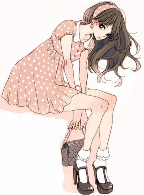 1girl, bag, brown_eyes, brown_hair, dress, earrings, hairband, handbag