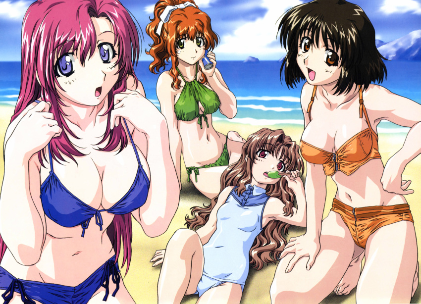 00s, 4girls, :d, :o, absurdres, armpits, barefoot, beach