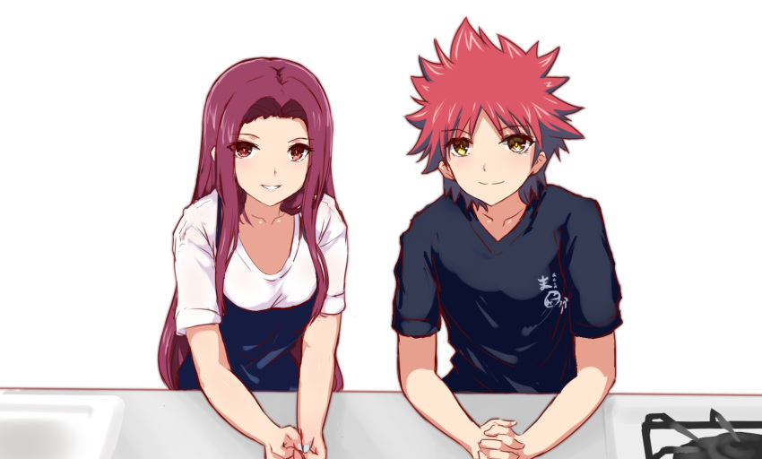 1boy, 1girl, breasts, long_hair, open_mouth, pink_eyes, purple_hair, redhead