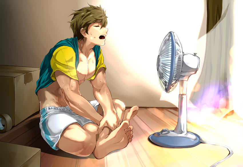 1boy, 8_(yamalu), abs, box, cardboard_box, closed_eyes, electric_fan, fan, free!, indian_style, male_focus, muscle, pecs, shirt_lift, sitting, solo, sweat, tachibana_makoto, tape