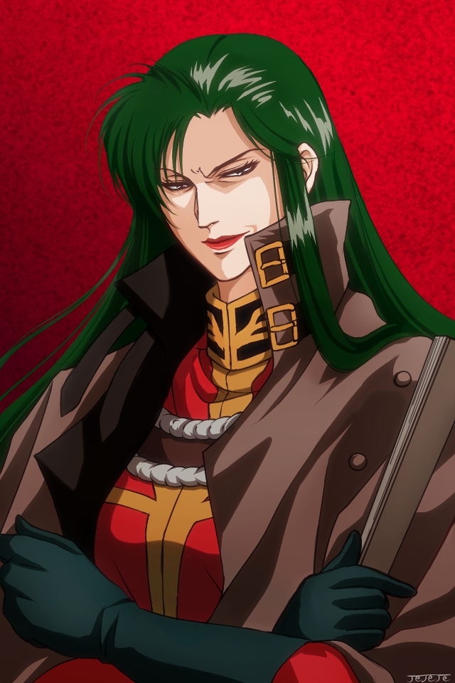 1girl, 90s, cima_garahau, crotalaria, gloves, green_hair, gundam, gundam_0083