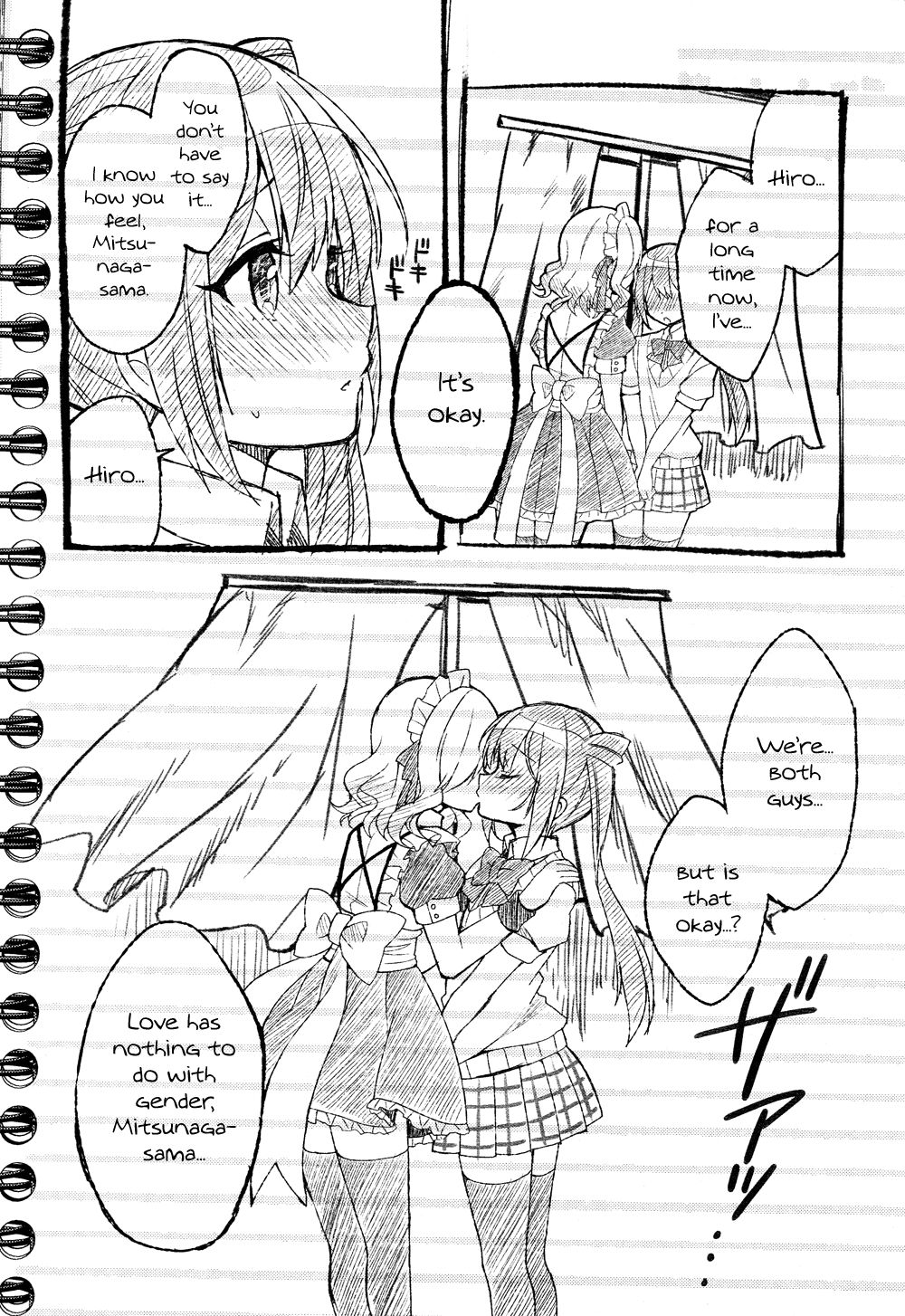 2boys, apron, black_legwear, blush, breast_padding, crossdressinging, himegoto, hiro_(himegoto)