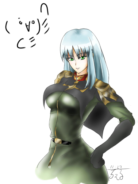 1girl, breasts, female, gloves, green_eyes, gundam, gundam_zeonic_front, long_hair