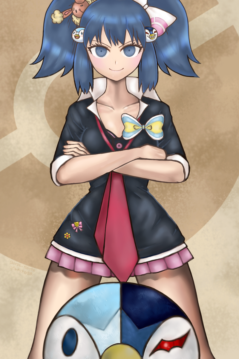 1girl, blue_eyes, blue_hair, blush, bow, breasts, buneary, collarbone