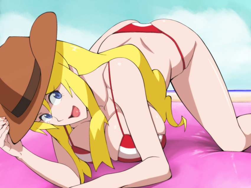 1girl, 4st_injection, alien_cowgirl_(majin_bone), all_fours, ass, beach, bikini, blonde_hair