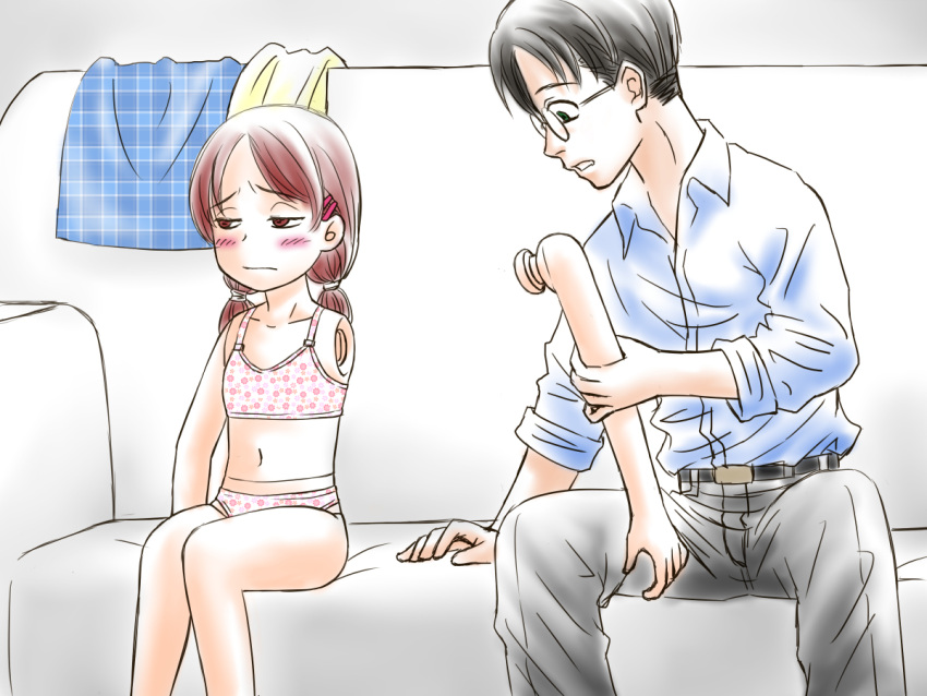 1boy, 1girl, blush, bra, brown_eyes, brown_hair, disembodied_limb, doll