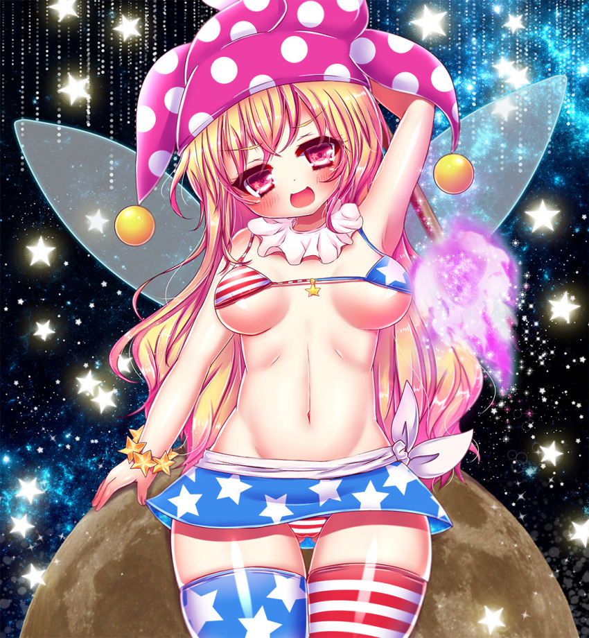 1girl, alternate_legwear, american_flag, american_flag_bikini, american_flag_legwear, arm_up, armpits, bikini