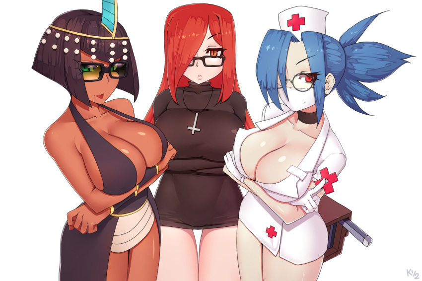 +_+, 3girls, black_hair, blue_eyes, blue_hair, breasts, brown_eyes, choker