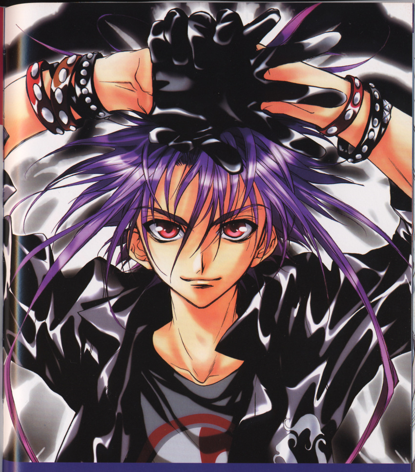 bracelet, dark_mousy, dnangel, gloves, highres, jewelry, male, official_art, purple_hair, red_eyes, scan, scan_artifacts, solo, sugisaki_yukiru, yukiru_sugisaki