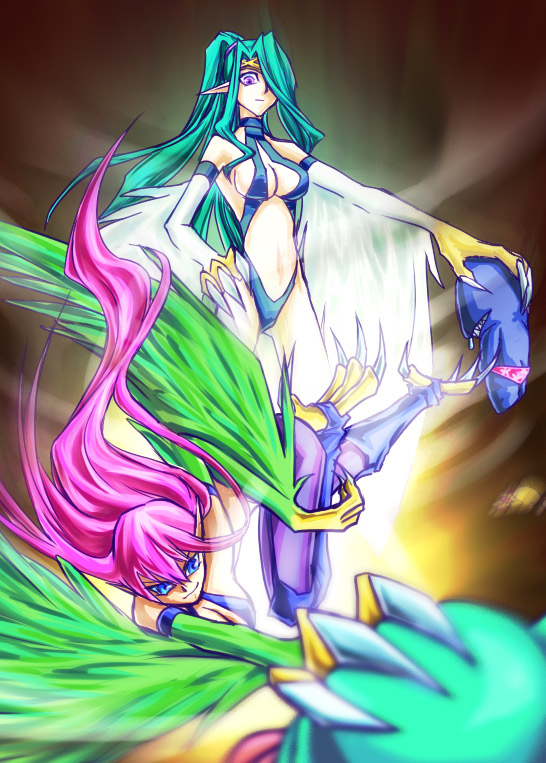 2girls, 3boys, bare_shoulders, bikini, breasts, brown_eyes, cleavage, duel_monsters, female, green_hair, harpie_lady, harpie_queen, harpy, large_breasts, lb2_take, long_hair, monster_girl, multiple_boys, multiple_girls, navel, ojama_black, ojama_green, ojama_yellow, pointy_ears, ponytail, sling_bikini, swimsuit, yu-gi-oh!