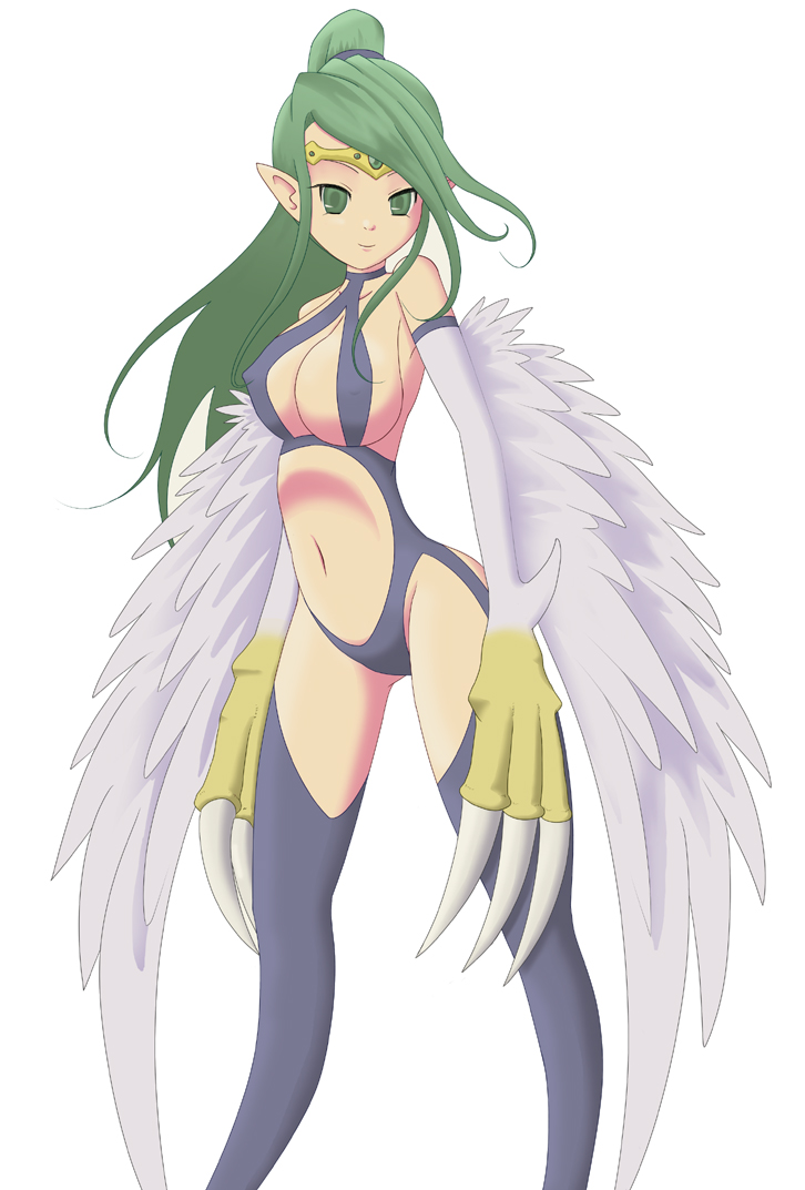 1girl, bare_shoulders, bikini, breasts, brown_eyes, cleavage, duel_monsters, female, green_hair, harpie_queen, harpy, large_breasts, long_hair, monster_girl, navel, pointy_ears, ponytail, simple_background, sling_bikini, swimsuit, udonko0704, yu-gi-oh!