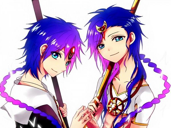 1boy, aladdin_(magi), blue_eyes, blue_hair, braid, jewelry, long_hair, looking_at_viewer, magi_the_labyrinth_of_magic, midriff, simple_background, smile, solomon_(magi), staff, white_background