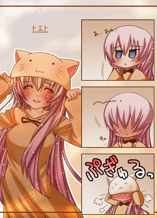 animal_hat, blush, cat_hat, chibi, hat, megurine_luka, megurine_luka_(toeto), pink_hair