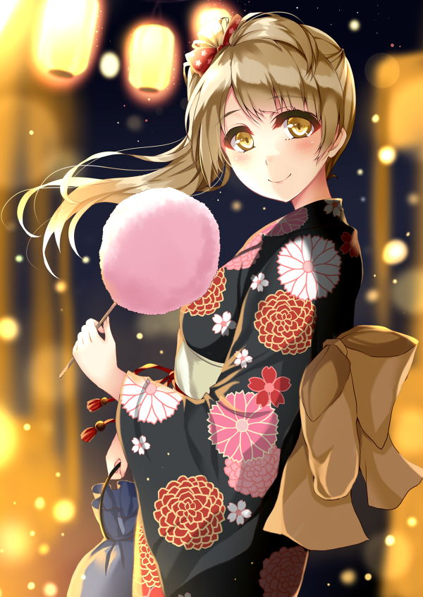 1girl, brown_hair, clock_(clockart), food, japanese_clothes, kimono, long_hair, love_live!_school_idol_project