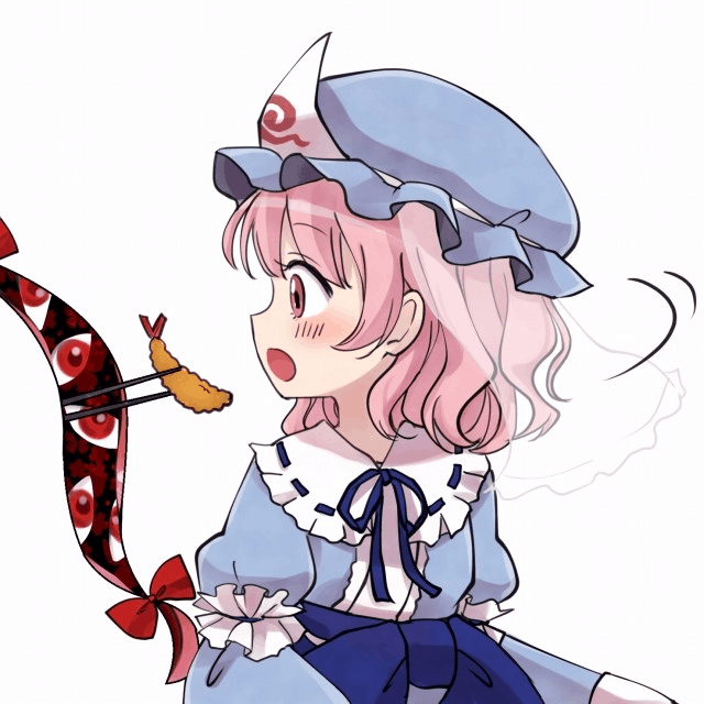 2girls, animated, animated_gif, blush, chopsticks, closed_eyes, ebi_fry, food, gap, hat, heart, japanese_clothes, kimono, long_sleeves, mob_cap, multiple_girls, obi, open_mouth, pink_eyes, pink_hair, ribbon_trim, saigyouji_yuyuko, sash, short_hair, shrimp, shrimp_tempura, tempura, tona_(nekotte), tongue, tongue_out, touhou, triangular_headpiece, ugoira, veil, yakumo_yukari