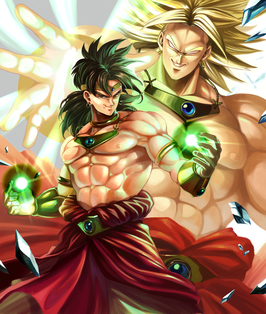 black_hair, blank_eyes, blonde_hair, broly, dragon_ball, dragonball_z, dual_persona, energy, energy_ball, evil, evil_eyes, gauntlets, hoshikawa_akira, legendary_super_saiyan, male_focus, muscle, smile, super_saiyan