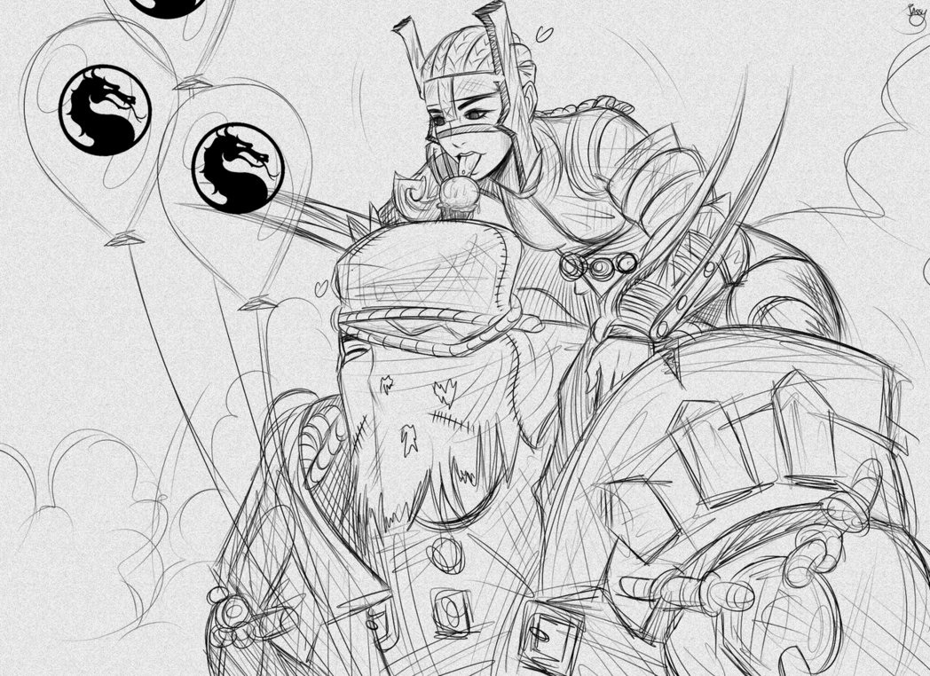 1boy, 1girl, armor, artist_request, balloon, carnival, ferra, food, ice_cream, mask, monochrome, mortal_kombat, mortal_kombat_x, sketch, torr