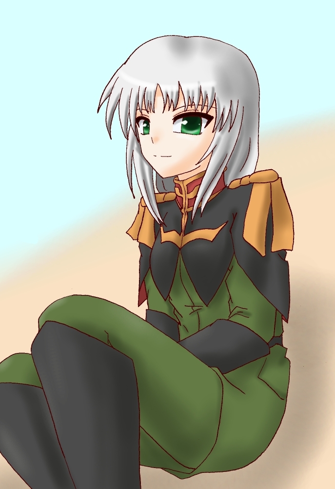 1girl, boots, female, gloves, gradient, gradient_background, green_eyes, gundam, gundam_zeonic_front, military, military_uniform, solo, sophie_fran, suukikyou, uniform