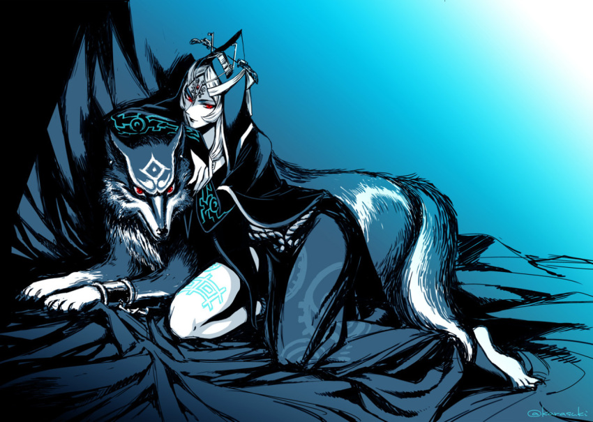 1girl, alternate_form, feet, karasuki, link, link_(wolf), looking_at_viewer, markings