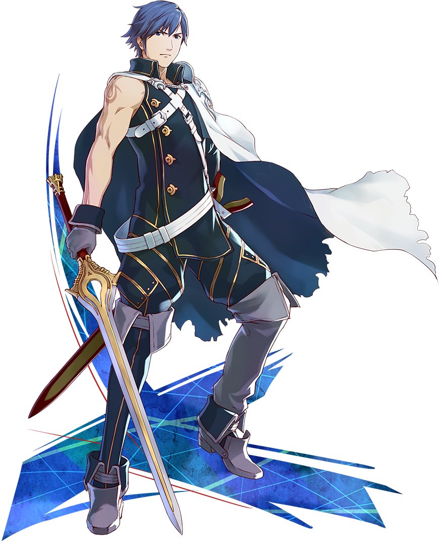 1boy, blue_eyes, blue_hair, buckle, cape, closed_mouth, fire_emblem, fire_emblem:_kakusei, full_body, gloves, holding, holding_sword, holding_weapon, krom, male, nintendo, official_art, project_x_zone_2, short_hair, simple_background, standing, sword, transparent_background, weapon